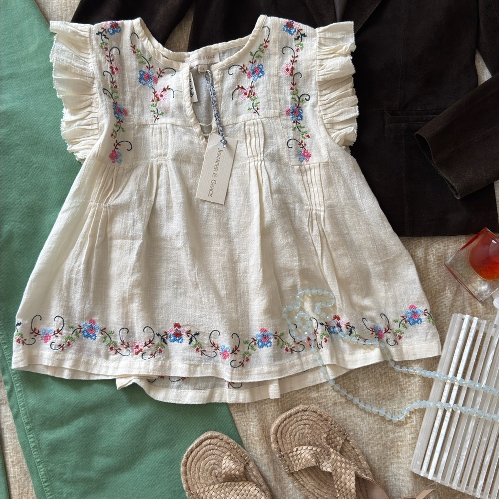 Embroidered Ivory  Ecru Cotton Boho  Top  with Floral Detail